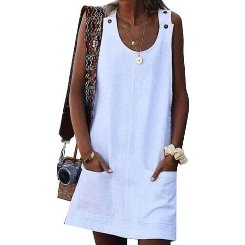 Summer Loose Vintage Beach Casual Women Solid Color Pocket Dress Sleeveless Button Sundress for Women Casual Women Clothes