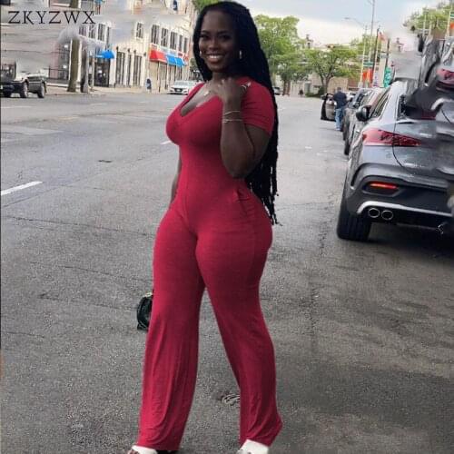 ZKYZWX Sexy V Neck Jumpsuit Summer Short Sleeved Cute Sweet Style Rompers Streetwear Long Pants Club Womens Overalls Rompers