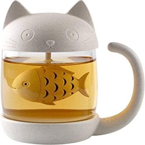 250ML Cute Cat Glass Tea Mug Cup with Fish Tea Infuser Strainer Filter Home Coffee Milk Mug Creative Birthday Gifts