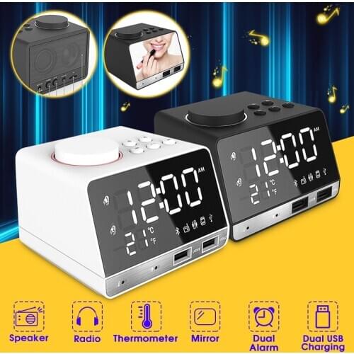 LED Digital Dual Alarm Mirror Clock Wireless bluetooth Bass Speaker FM Radio+2 USB Charger Ports Music Player Snooze Temperature