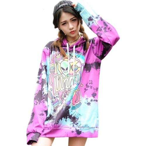 Women Autumn Violet Long Sleeve Hoodies Ladies Fashion Harajuku Pullovers Casual Letter Alien Print Plus Size Loose Hoodies Z70