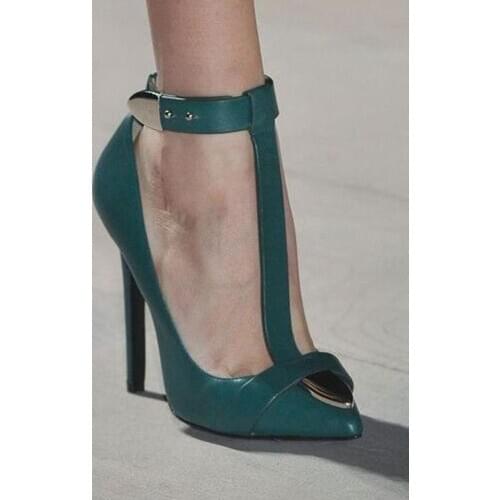 Metallick T Strap Stiletto Pumps Pointed Toe Thin High Heel Woman Shoes Ankle Buckle Matte Leather Dress Ladies Pumps