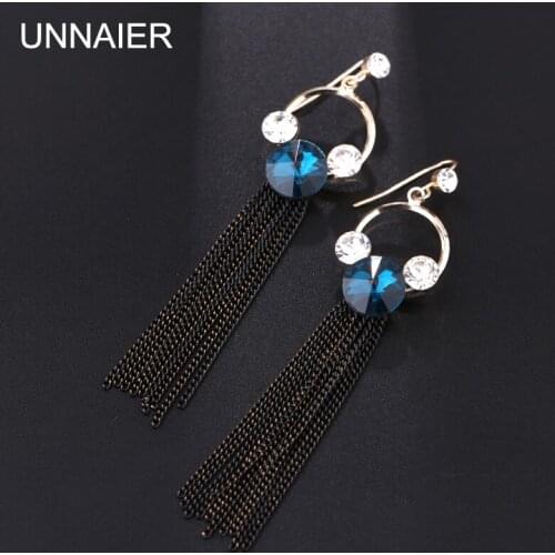 UNNAIER fashion popular blue Semi-precious stones earring Female Prevent allergy metal tassel Ear jewelry
