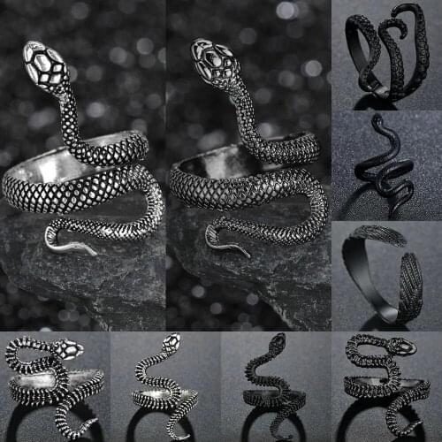 Vintage Gothic Punk Animal Ring Black Silvery Metal Snake Rings for Women Men Night Club Unisex Adjustable Anillos Jewelry