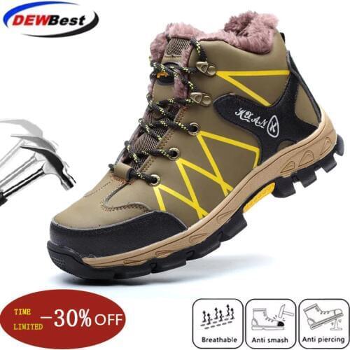 Waterproof Winter Safety Shoes Boots for Men Casual Snow Warm Fur Work Indestructible Boots Steel Toe Mens Boots Black 45 46 47