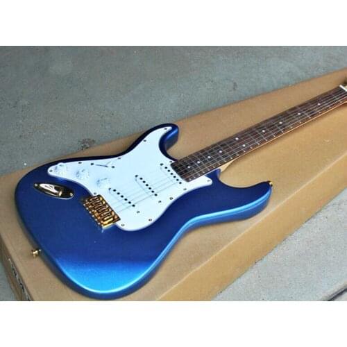 High quality FDST-1040 left hand metal blue color solid body with white pickguard gold hardware electric guitar, Free shipping