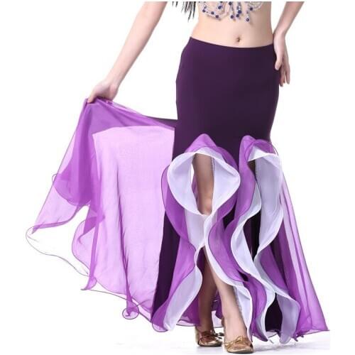 Women Belly Dance Skirt Slit Maxi Skirts Double Layer Ruffles Swing Long Skirt Practice Performance Belly Dancing Costume