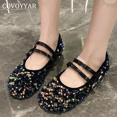 COVOYYAR Spring Summer Womens Shoes 2021 Fashion Bling Party Mary Janes Buckle Strap Non-slip Flats Shoes Women WFS4044