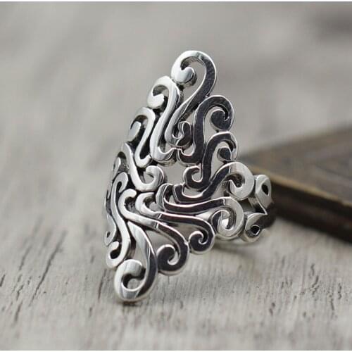 S925 Sterling Silver Jewelry Hollow Exaggerated wide-faced Ring Lady Thai Thai Silver Retro National Wind Ring