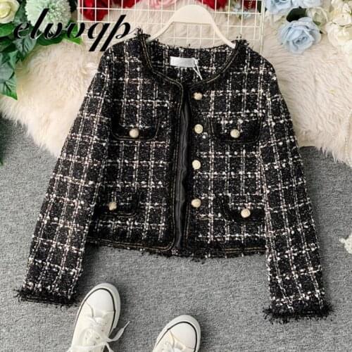 Vintage Tweed Jacket Coat Women Fashion Patchwork Korean Woolen Cropped Coats Elegant Short Outerwear Autumn Winter New 2021