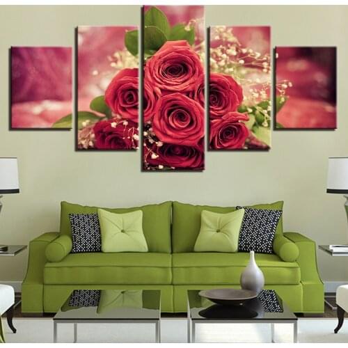 5 Panel Red Rose Posters HD Modern Painting Printed Decoration Pictures Canvas Wall Modular On Art Home Frame Living Room Decor