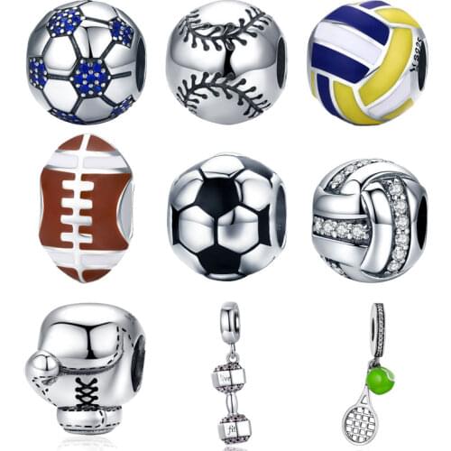 BISAER Authentic 925 Sterling Silver Football ball Sport Love Volleyball Soccer Balls Charms Fit Silver Beads DIY Jewelry Making