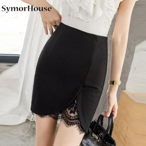 Plus Size Black Mini Pencil Skirt 2021 Korean Women Summer Lace Patchwork Bodycon Skirts Ladies Sexy Short Skirt Autumn