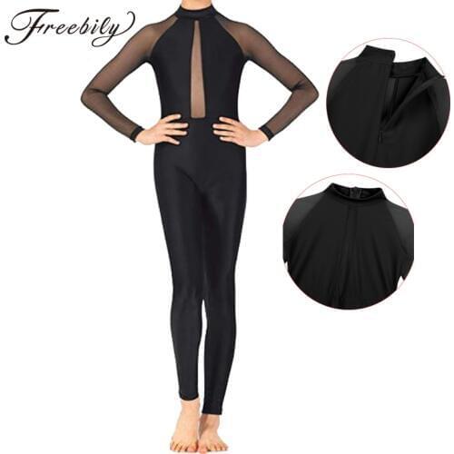 Kids Girls Mesh Long Sleeve Mock Neck Zippered Professional Ballet Dance Gymnastics Leotard Jumpsuit Unitard Ballet Costume