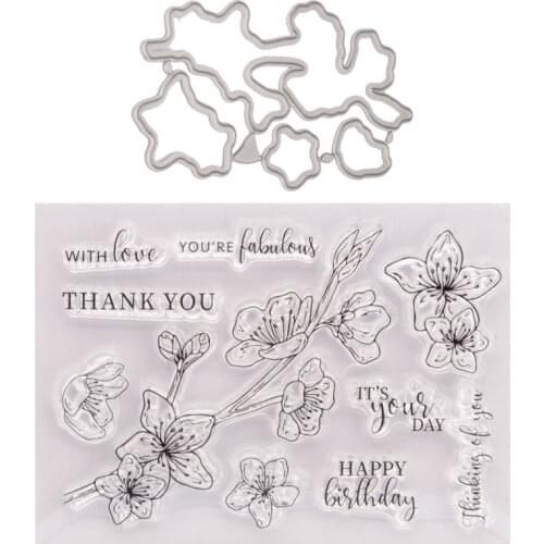 Happy Birthday Peach Blossom Branch Metal Cutting Dies and Stamps For Scrapbooking Craft Stencil Embossing Supplies New 2021