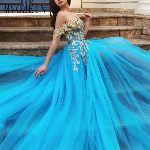 MVOZEIN Blue Evening Dresses Tulle A-Line Off The Shoulder High Split Long Evening Dress Formal Gowns vestido de festa Longo