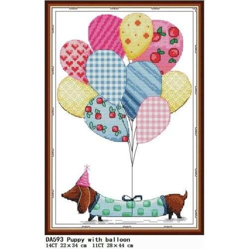 Counted Cross Stitch Kit Pattern Puppy with Balloon Stamped Thread 11CT 14CT Printed Fabric Decor Gift Embroidery Needlework Set