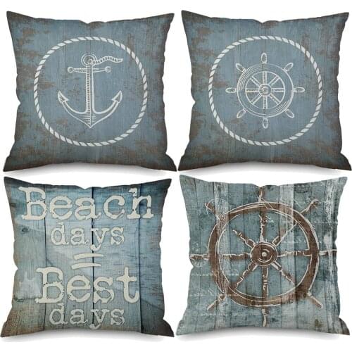 Beach Days Boat Anchors Cushion Covers Blue Color Beige Linen Pillow Case 45X45cm Sofa Decoration