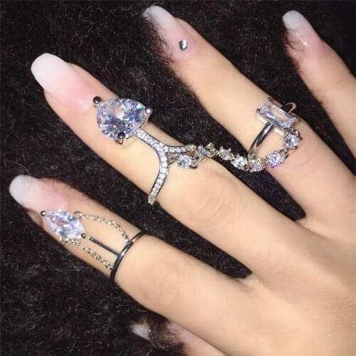 2021 New Korean Transparent Crystals Rings for Women Silver Color Metal Tassel Chain Ring Female Geometric Irregular Y2K Ring