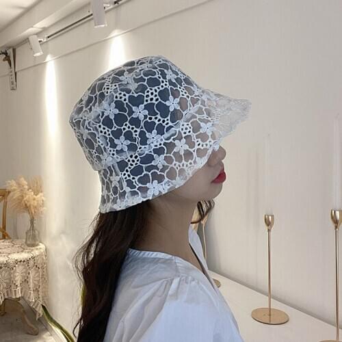 Spring Summer Fisherman Hat Lace Embroidered Flower Bucket Hat Women Korean Sweet Elegant Foldable Fashion Wide Brim Sun Hats
