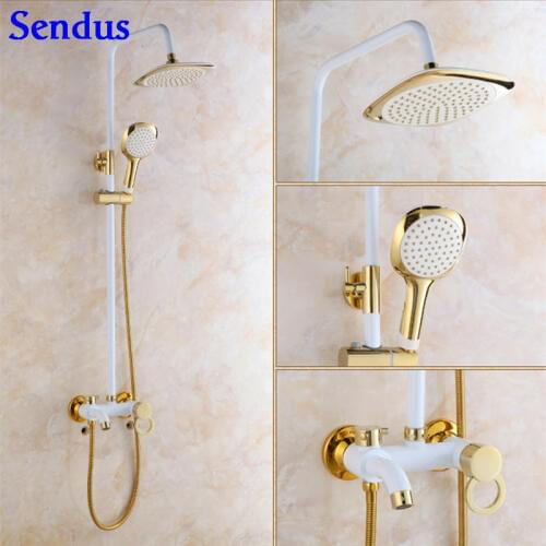 Senducs Luxury white gold shower set for quality brass bathroom shower faucet with rain top shower bathroom shower sets