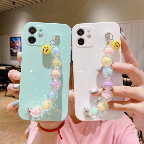 Boutique smile face Lucky Rainbow Pearl Bracelet Silicone phone case for iPhone12 11 pro max mini X XR XS MAX Wrist strap Cover