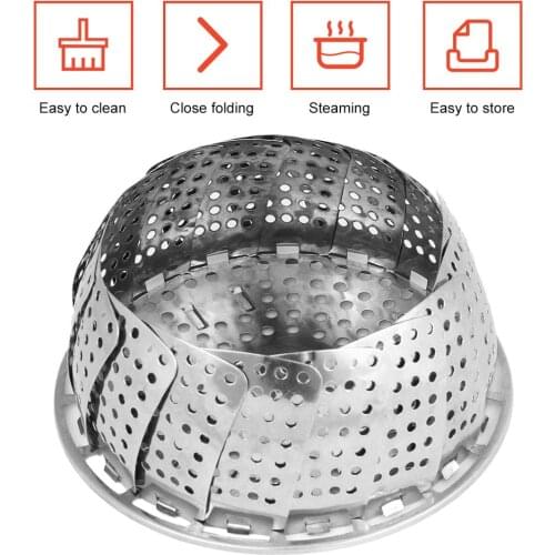 1PCS Stainless Folding Mesh Food Vegetable Egg Dish Basket Cooker Steamer Strainer Basket Cooker Bowl Expandable Kitchen Tool