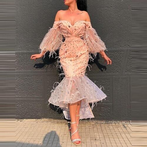 Off The Shoulder Sequins Mermaid Evening Dresses V Neck Feather Tea Length Formal Party Prom Gowns Custom Made robe de soiree