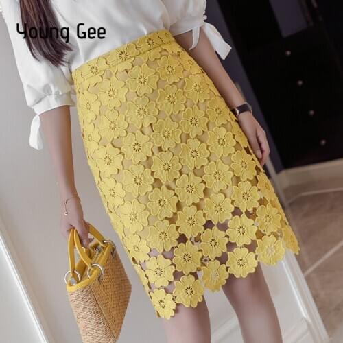 Young Gee Women High Waist Pencil Skirts 2019 Spring Summer Crochet Hollow Our Floral Lace Elegant Tube Office Lady Skirt saias