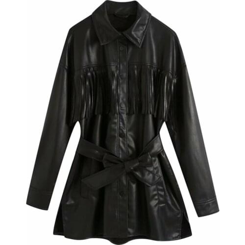 Nice Vintage Woman Leather Tassel Long Jacket New Vogue Ladies Autumn Black Belt Outerwear Female Turn Down Collar Coats