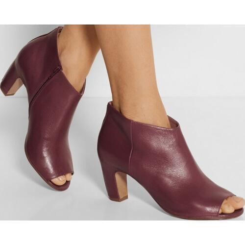 Women elegant wine red leather ankle boots charming peep toe design graceful arc short boots middle heel female dress shoes woma