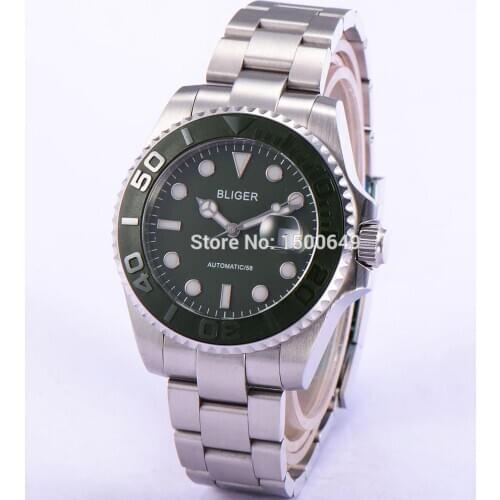 43mm Automatic Mens Watch Bliger green dial Sapphire Glass Ceramics Bezel 1887