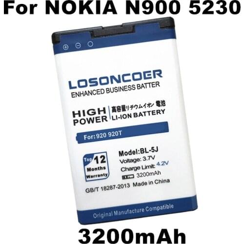 LOSONCOER 3200mAh BL-5J for Nokia Lumia 520 Battery 5800XM/5900XM/ 5228/ 5230/ 5232/5233/5235/5236/ X6M/ N900 Mobile Phone