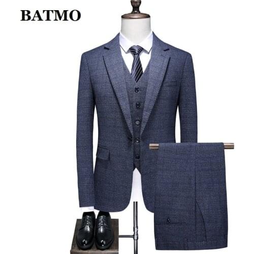 BATMO 2021 new arrival high quality plaid suits men,male wedding dress,double slit 6835