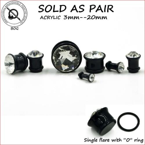 BOG-Pair Single Flare With "O" Ring Rhinestone Crystal Ear FleshTunnels Plug Expander Earlobe Gaueges Body Piercing Jewelry