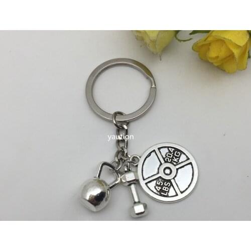 1Pcs Key chain ,Dumbbell Charm, Kettlebell 45lbs Weight Plate ,Bodybuilding Fitness 3 Charm Keychain