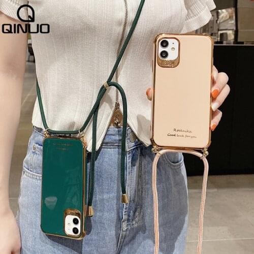 Neck Strap Cord Chain Phone Case For iPhone 11 Pro Max XS X XR 8 7 Plus SE 2020 Case Crossbody Lanyard Glossy Plating Soft Cover