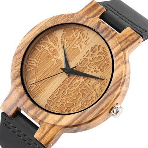 Pure Wooden Life Tree Carving Wood Dial Men Watch Quartz movement Black Genuine Leather Wrist Watch Mens Casual Clock Gifts 2019