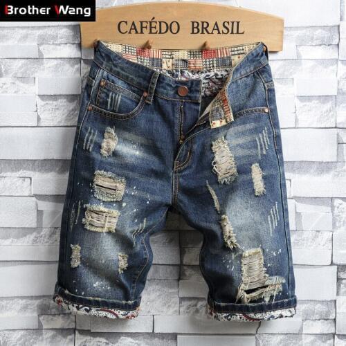 Mens Hole Denim Shorts 2020 Summer New Fashion Casual Slim Fit Ripped Retro Short Jeans Male Brand