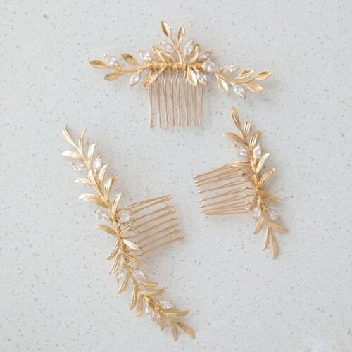 SLBRIDAL Baroque Style Copper Alloy Leaf Zirconia Bridal Hair Comb Set Wedding Bridesmaids Women Prom Hair Jewelry Accessories