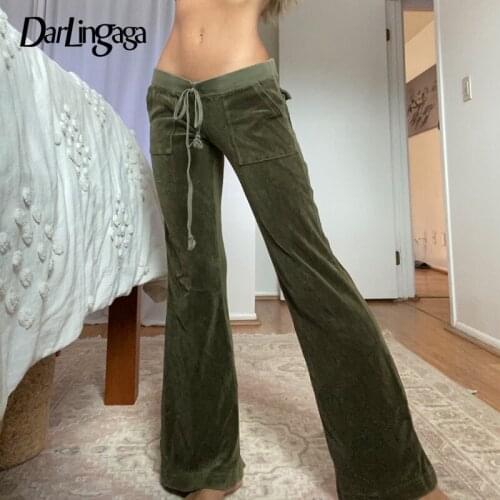 Darlingaga Fashion Elegant Green Velour Low Waist Pants Drawstring Harajuku Long Trousers Female Sweatpants Autumn Flare Pants