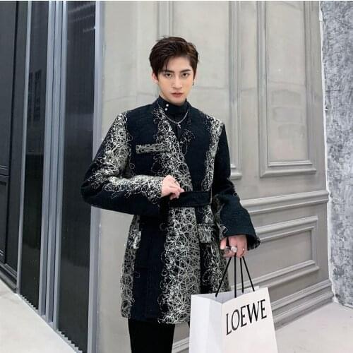 Men Vintage Pattern Print Fashion Slim Fit Long Blazer Jacket Male Hip Hop Dancer Singer DJ Suit Coat Outerwear Stage Clothes