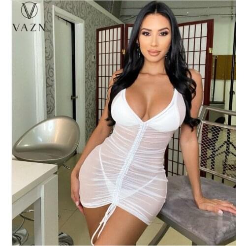 VAZN 2021 New Fashion Hot Sale Women Sexy Club Party Style Short Dresses Sleeveless Deep V Pure Color Mini Short Dresses