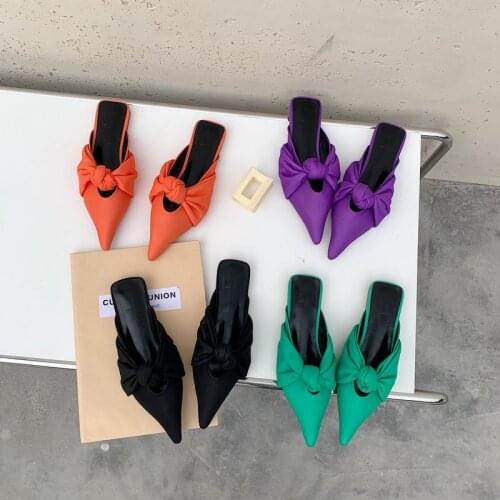 2021 Spring and Summer New Flat Semi Slippers Pointed Toe Shallow Mouth Cloth Bow Korean Style Bag Head Slippers