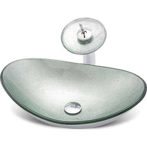 New Oval Washbasin Unique Tempered Glass Basin Sink Faucet Set Ingot Shape Bright Bend Clear Modern Design W/ Chrome Tap Drain