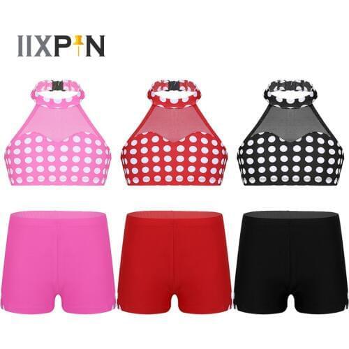 Girls Dancewear Outfit Sleeveless Halter Polka Dots Pattern Mesh Splice Crop Top with Shorts Set for Ballet Dance Gym Workout