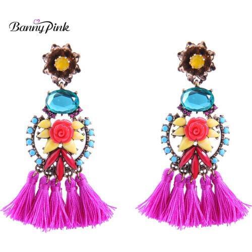Banny Pink Colorful Resin Flower Pendant Studs Earrings Bohemia Layer Tassel Post Earrings Chunky Geo Statement Earrings Bijoux