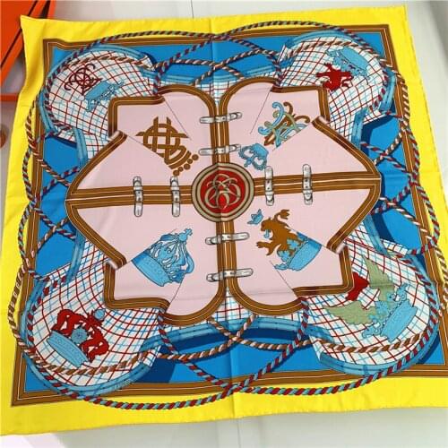 90cm Manual Hand Rolled Twill Silk Scarf Women Geometric Chain Print Square Scarves Wraps Echarpe Foulards Femme Bandana Hijab