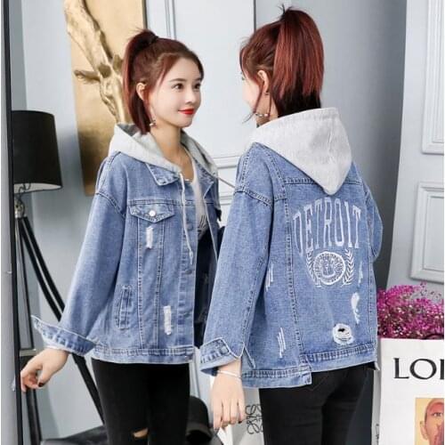 Spring autumn fashion new Korean denim coat student Large Print womens Hooded Jacket Top loose trend harajuku plus size Genuine