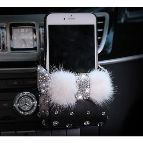 MR TEA Rhinestone Rabbit Fur Car Air Vent Storage Pocket Crystal Bling Bling Cell Phone Holder Bag Carrying Case